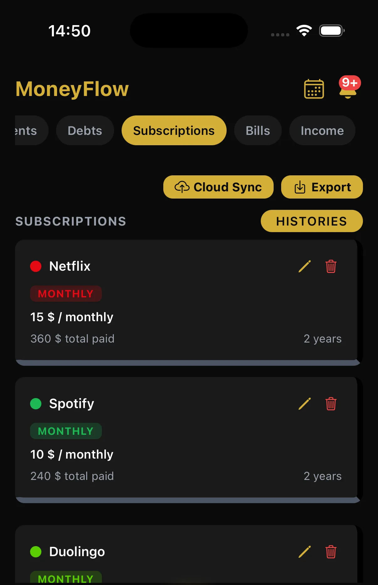 MoneyFlow subscriptions view showing tracked monthly subscriptions