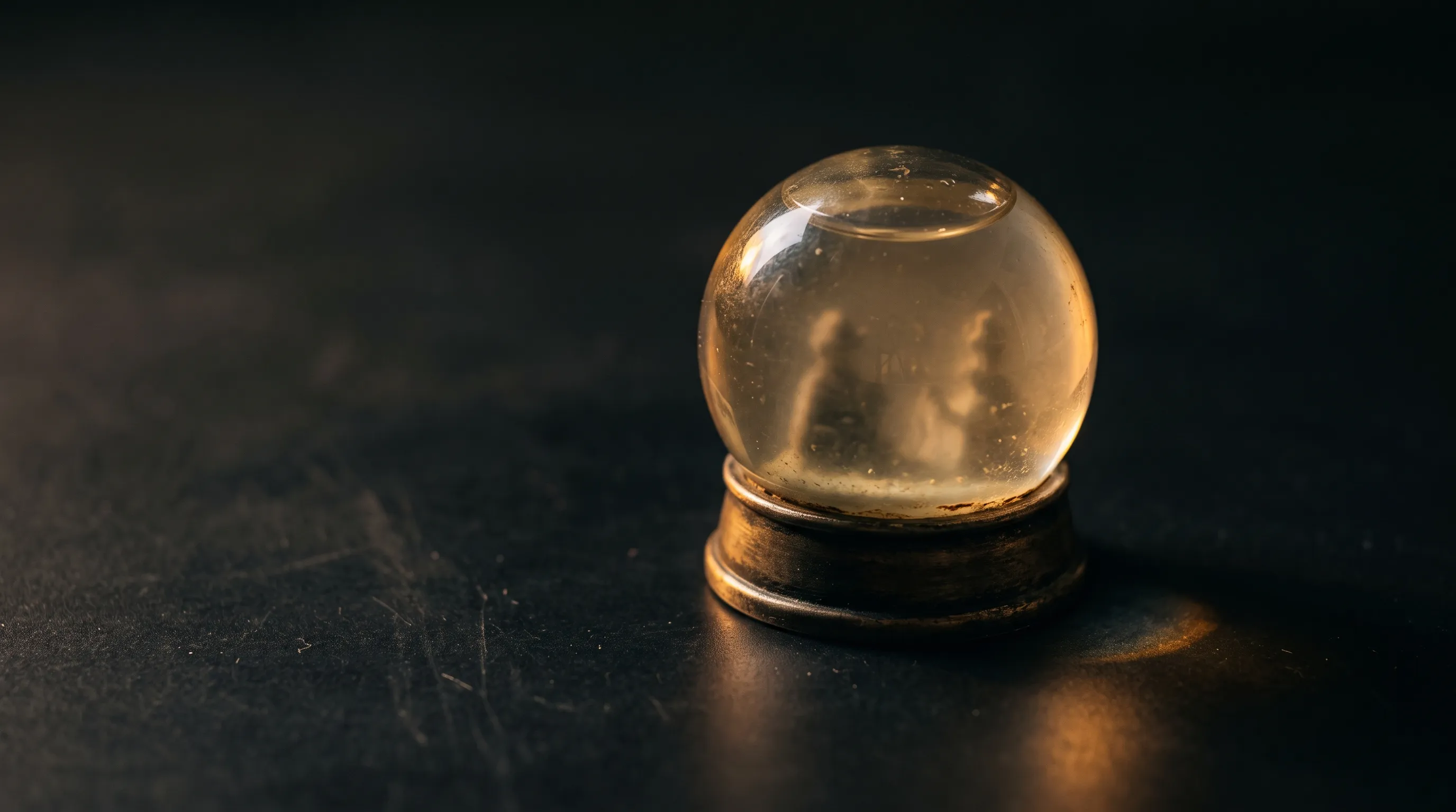 A dusty glass snow globe on a worn brass base, sitting on a dark scratched surface in warm low light