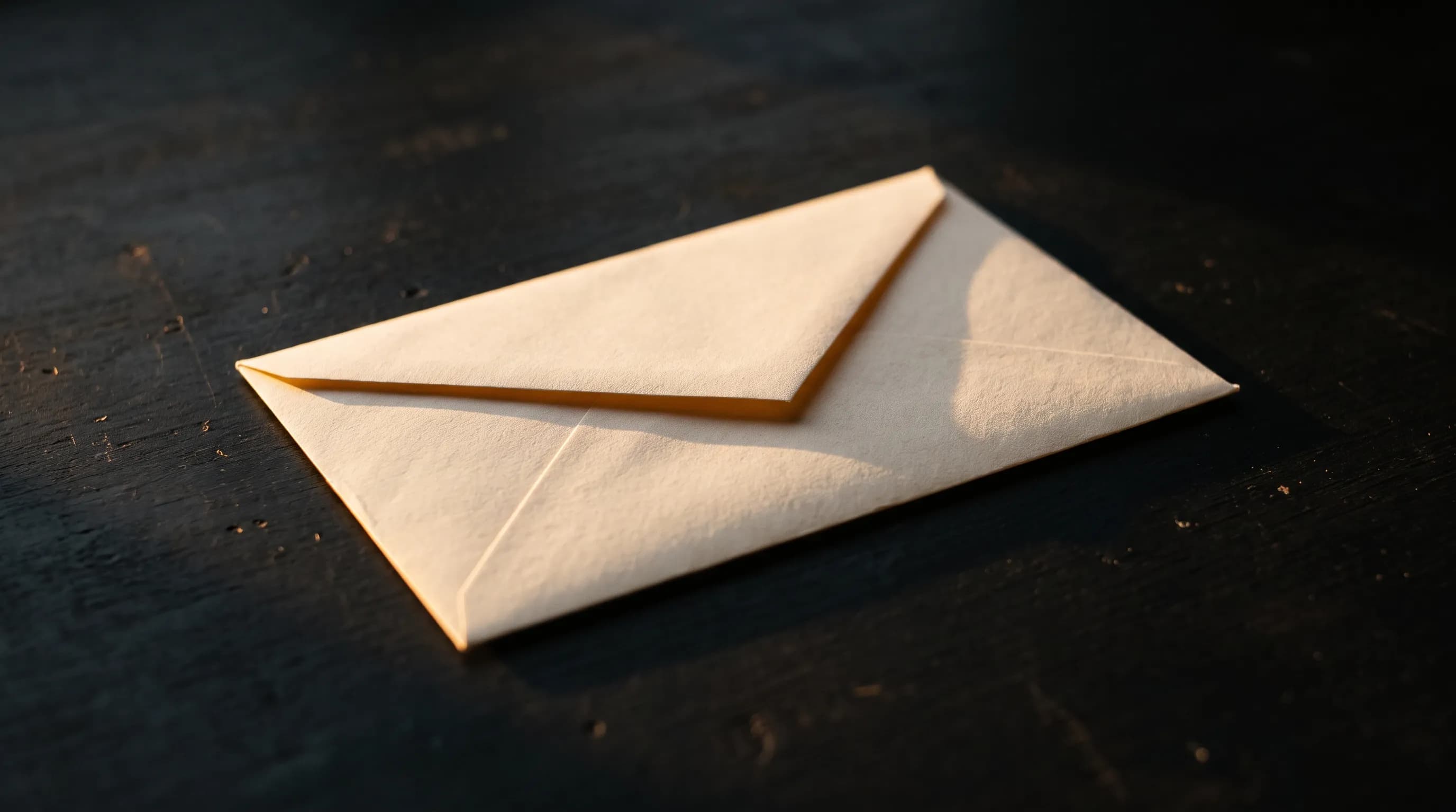 A cream paper envelope resting on a dark wooden table in warm evening light