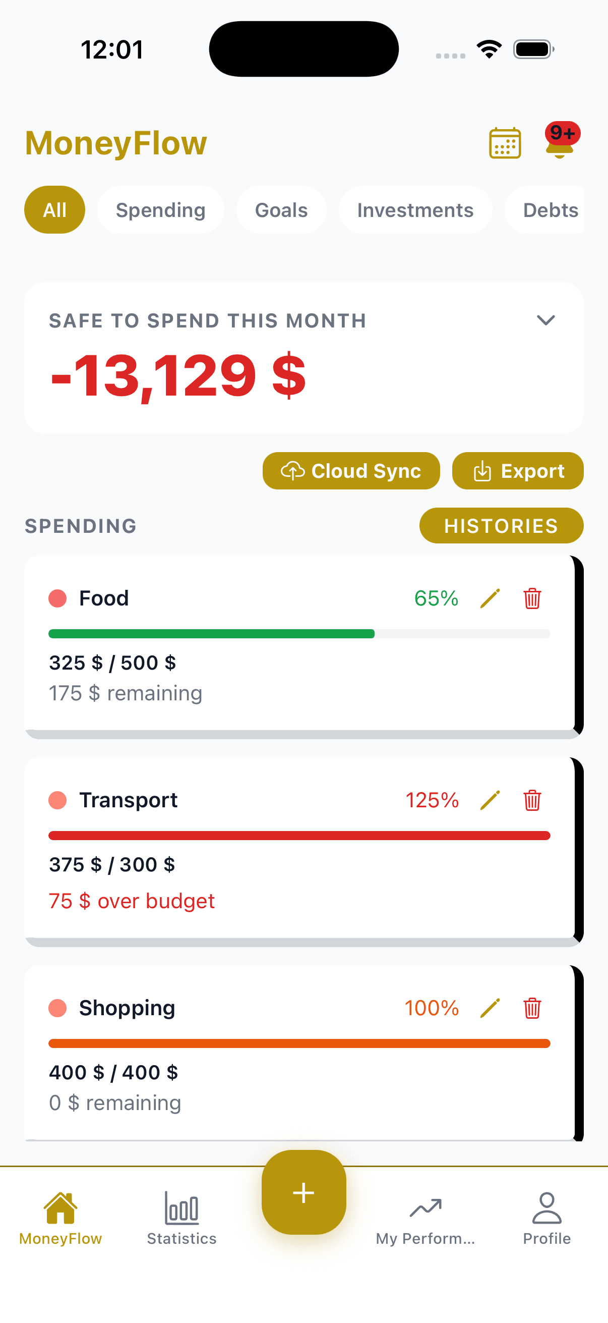 MoneyFlow home screen showing spending categories with budget tracking