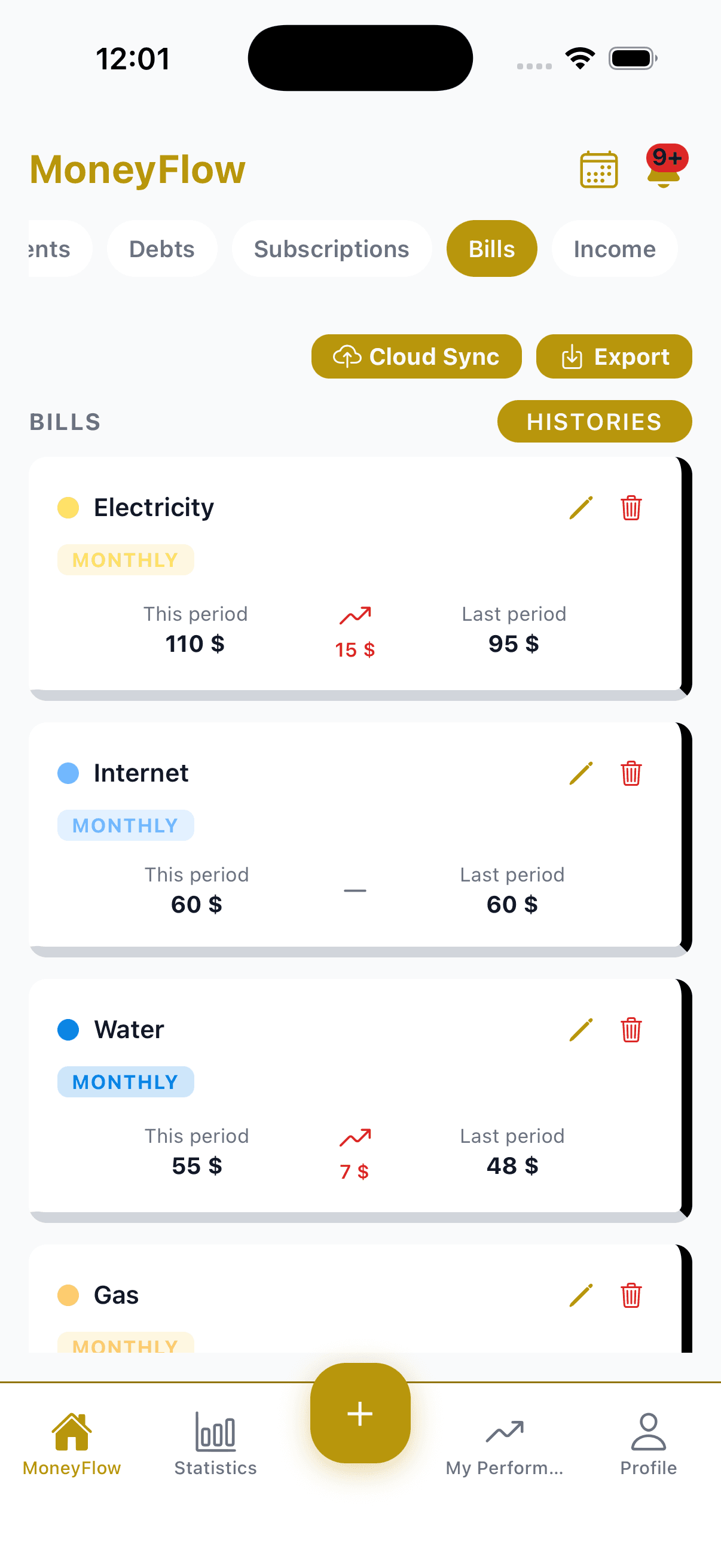 MoneyFlow bills tracking screen showing this period vs last period