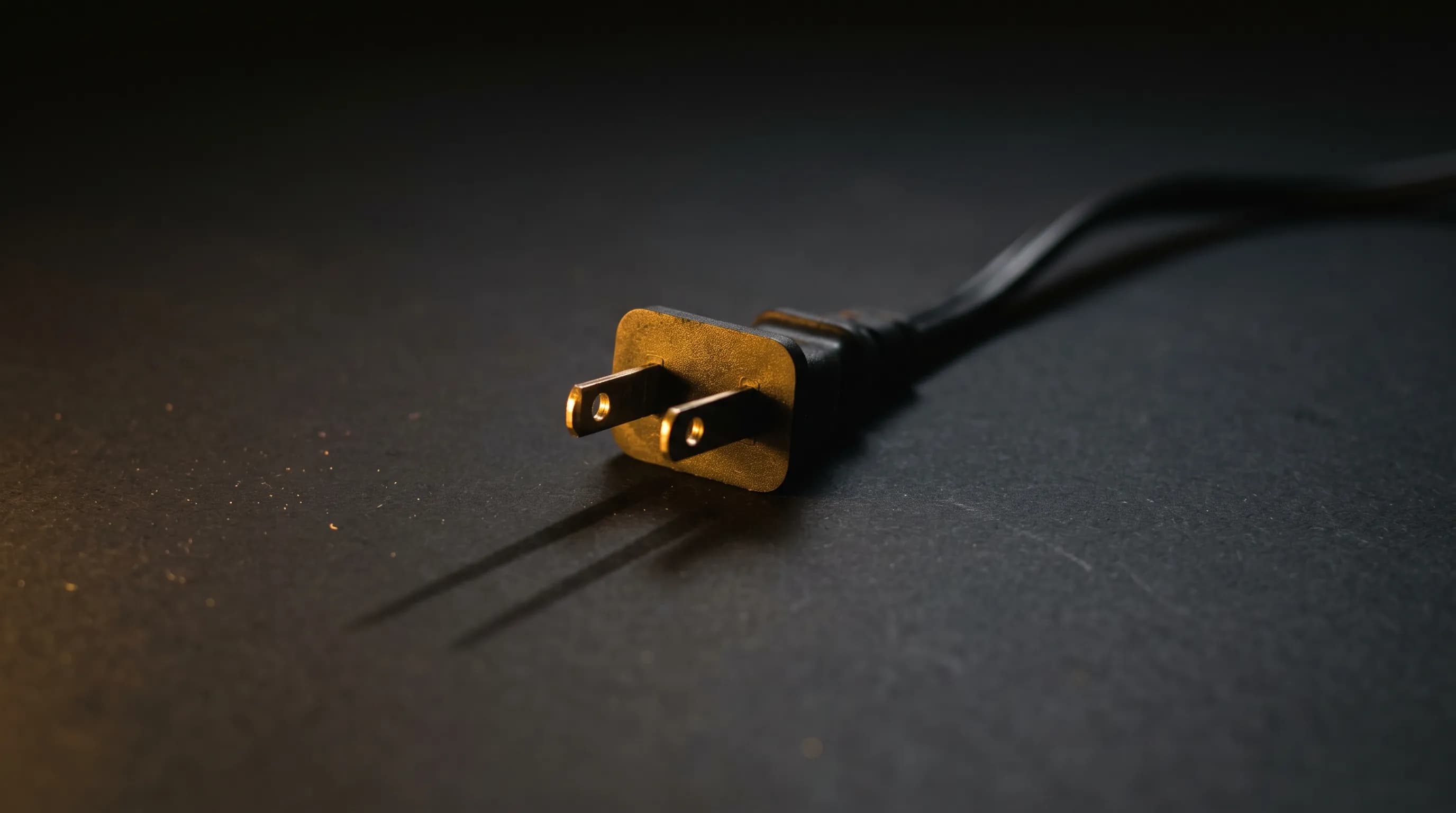 Unplugged black power cord with a gold plug lying on a dark surface, representing budgeting apps that work without linking a bank account