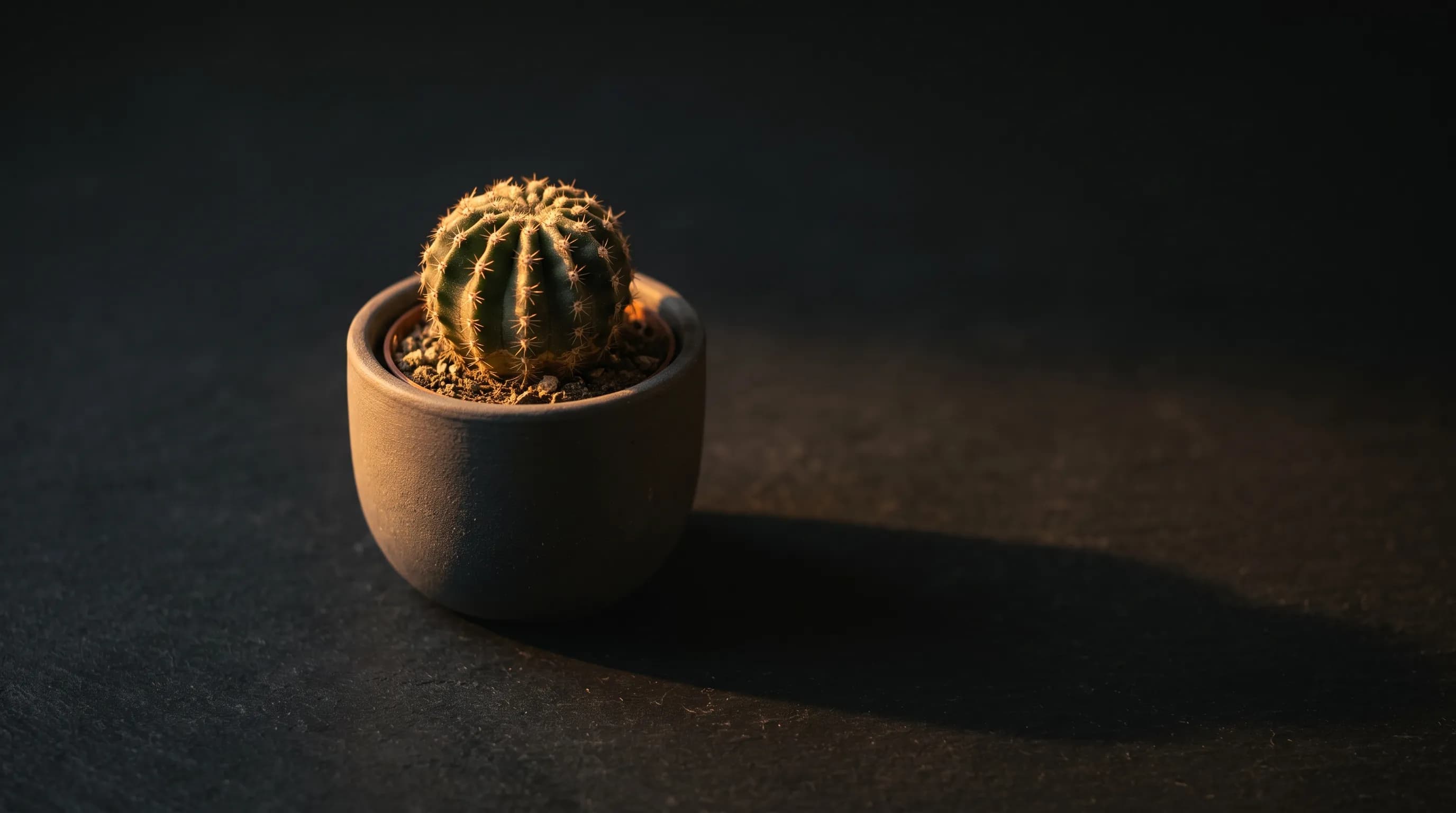 Small cactus in a clay pot lit by warm light on a dark surface, representing a simple budget app